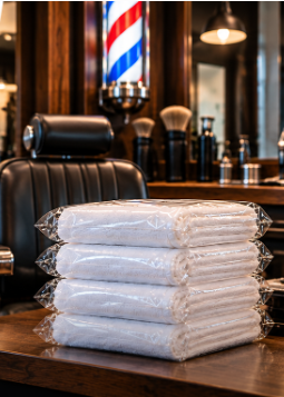 Toalhas embaladas em um ambiente de barbearia